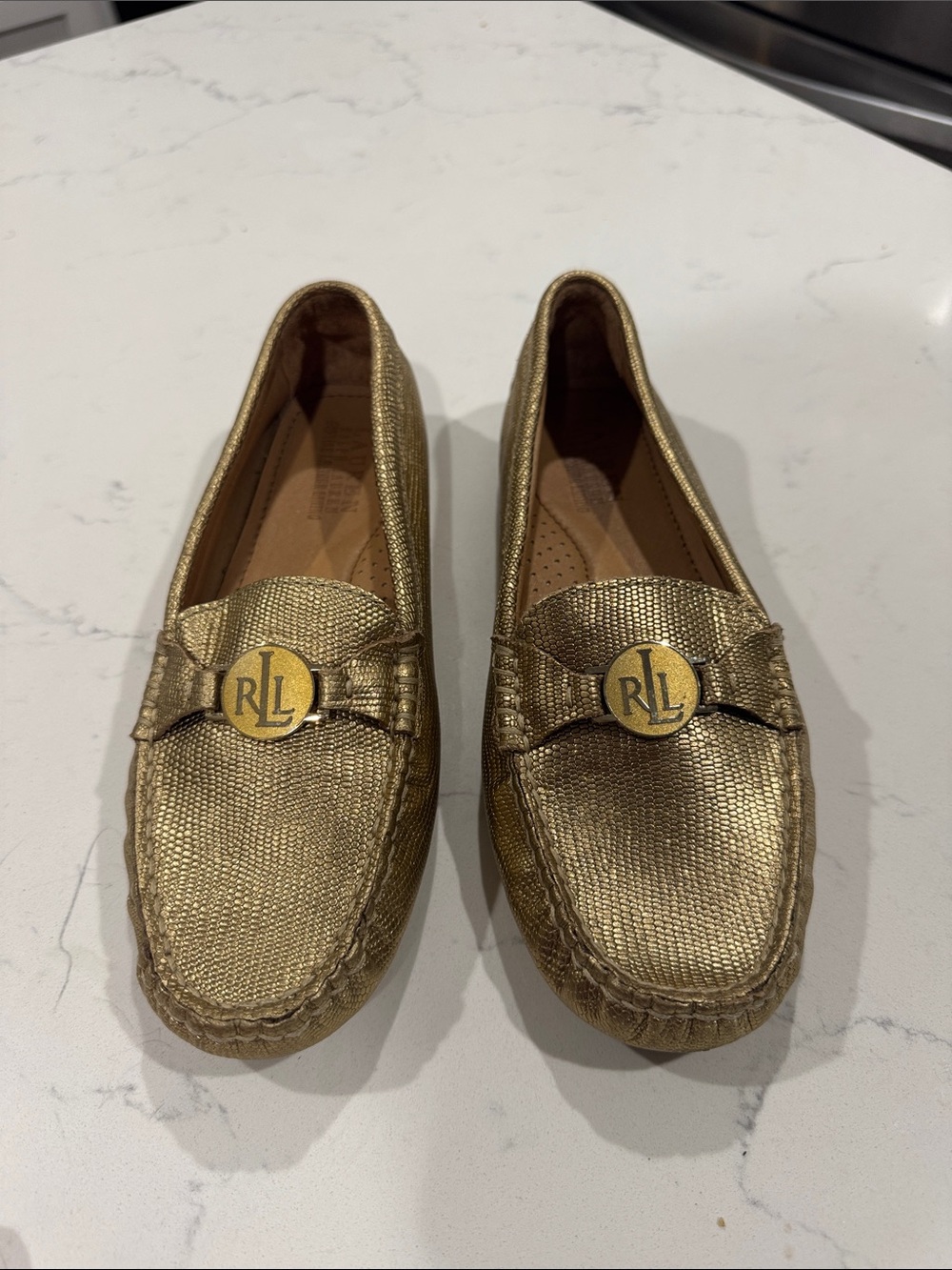 Ralph Lauren Metallic Gold RL Logo Driving Loafers - Women's